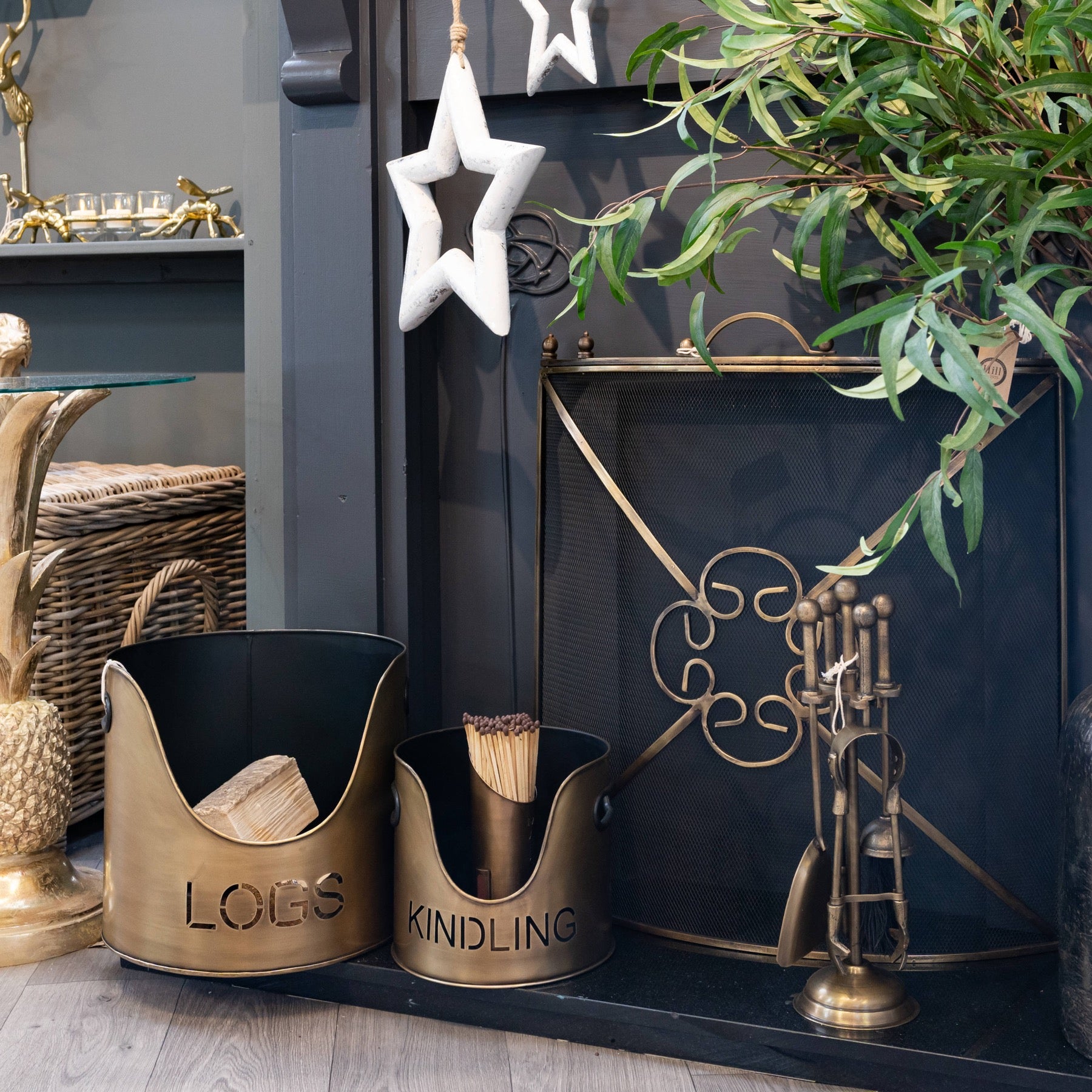 Bronze Finish Logs And Kindling Buckets &amp; Matchstick Holder